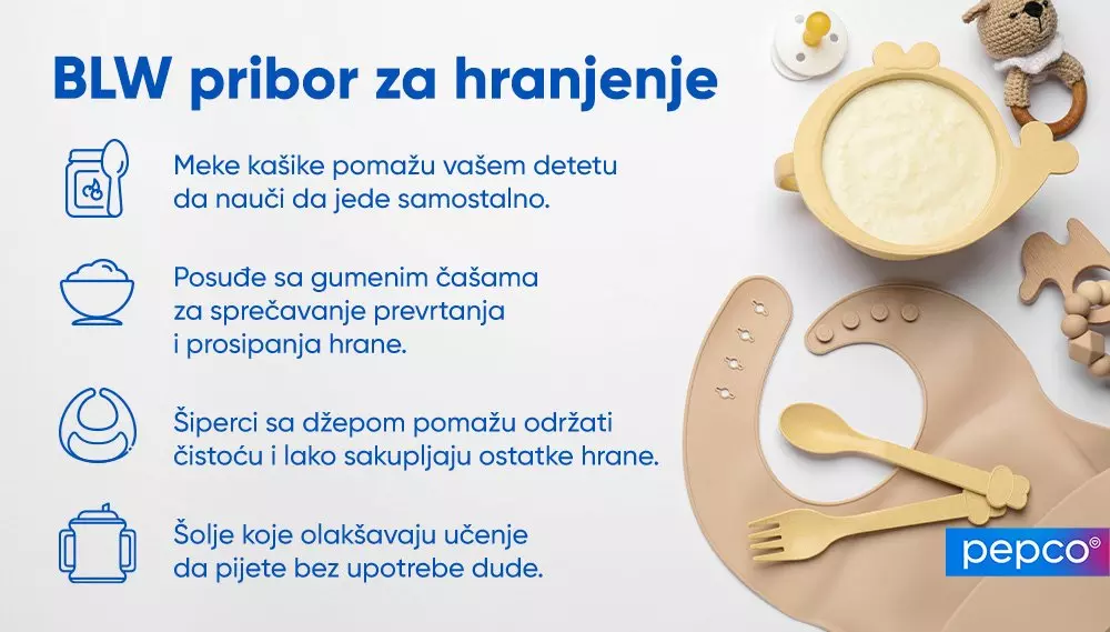 Pepco dečji pribor za hranjenje uključujući činiju, kašiku, viljušku i portiklu, uz tekst o prednostima različitih dodataka za hranjenje beba.