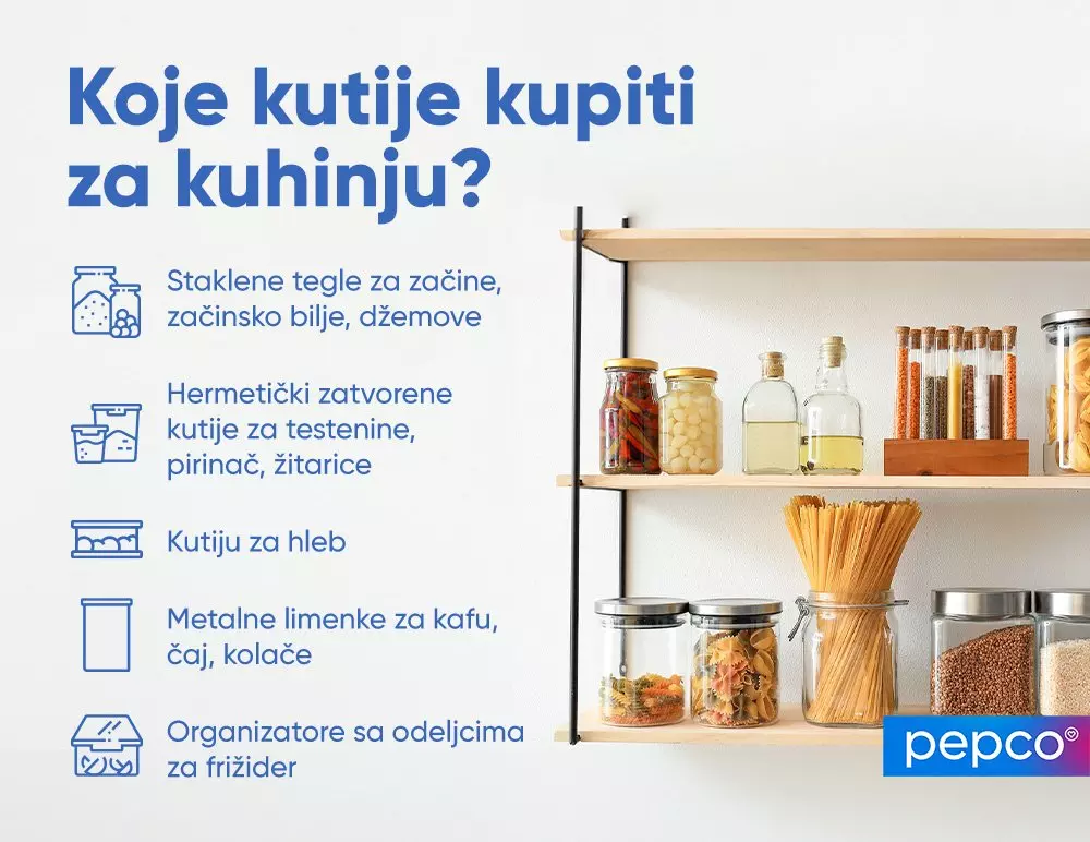 Pepco vodič za kuhinjske posude sa prikazom različitih staklenih tegli i kontejnera za začine, testeninu i žitarice na policama.
