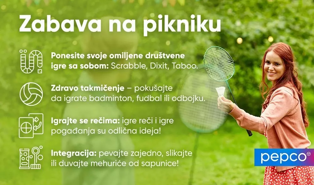 Pepco reklamni plakat sa tekstom Fun at a picnic i osoba koja drži badminton reket, uz ikone i predloge za piknik aktivnosti.