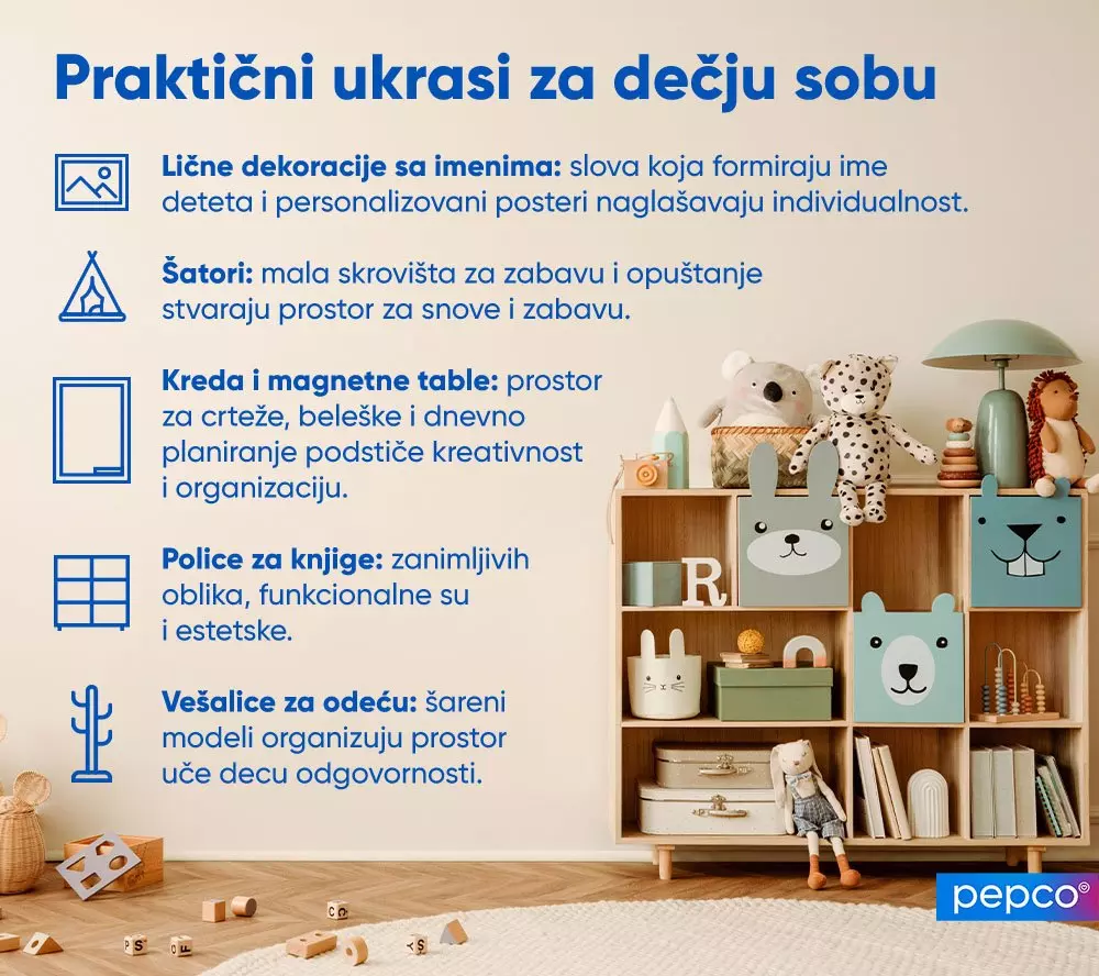 Pepco infografika o praktičnim dekoracijama za dečiju sobu sa ilustrovanim policama, igračkama i idejama za uređenje.