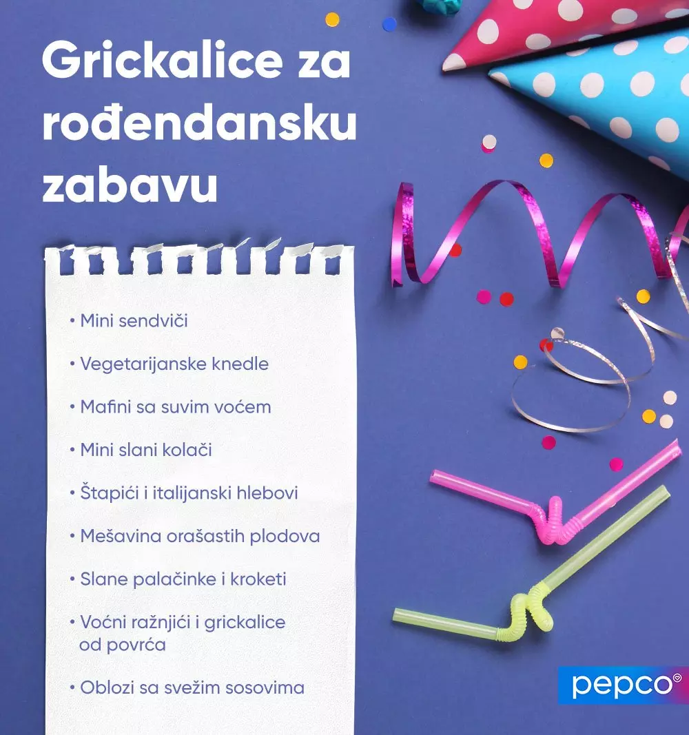 Pepco lista grickalica za rođendansku zabavu sa ukrasnim kapicama, konfetama i slamčicama na plavoj pozadini.