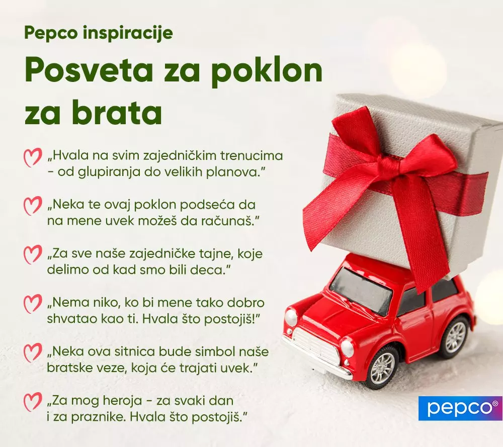 Pepco inspiracije za poklon bratu sa predlozima posveta i crvenim autićem koji nosi poklon kutiju sa crvenom mašnom.