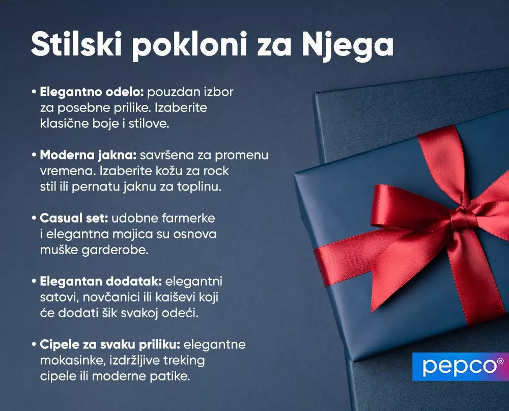 Pepco poklon ideje za muškarce sa listom elegantnih predloga uključujući odela, jakne, casual odevanje, aksesoare i obuću.