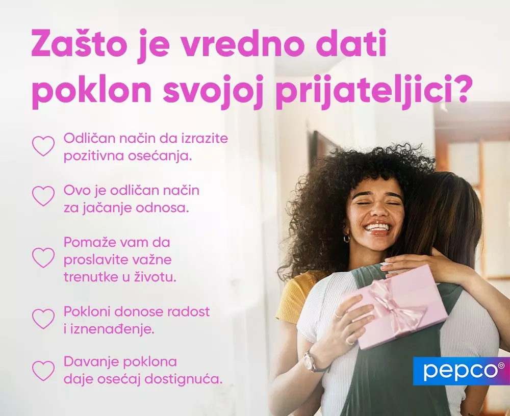 Pepco promotivni materijal koji objašnjava zašto je vredno pokloniti poklon prijatelju, sa prikazom osobe koja drži rozi poklon.