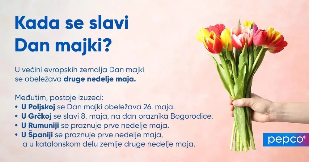 Pepco informativni prikaz o datumima proslave Dana majki u različitim evropskim zemljama, sa buketom šarenih lala.