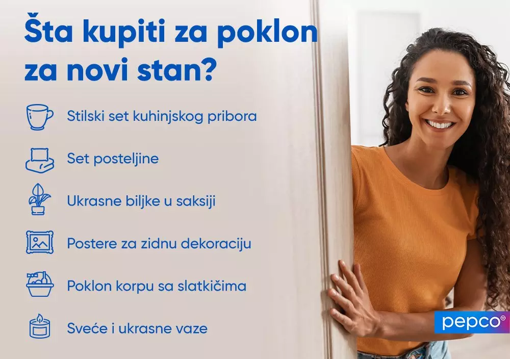 Pepco reklamna slika sa spiskom predloga za kupovinu za novi dom, uključujući kuhinjski pribor, posteljinu i dekoracije.