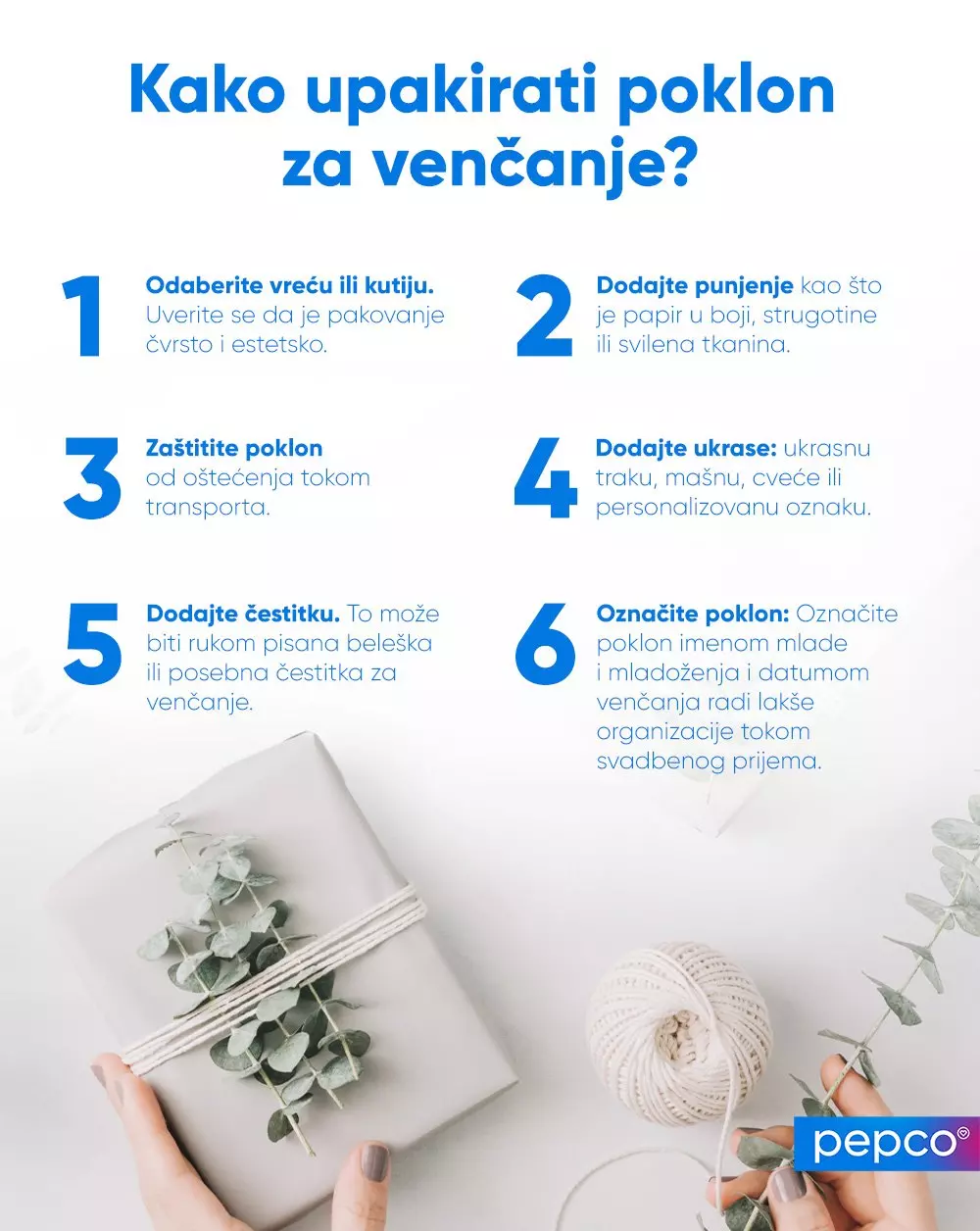 Pepco vodič sa 6 koraka kako upakovati svadbeni poklon, prikazan sa elegantno upakovanim paketom i konopcem.