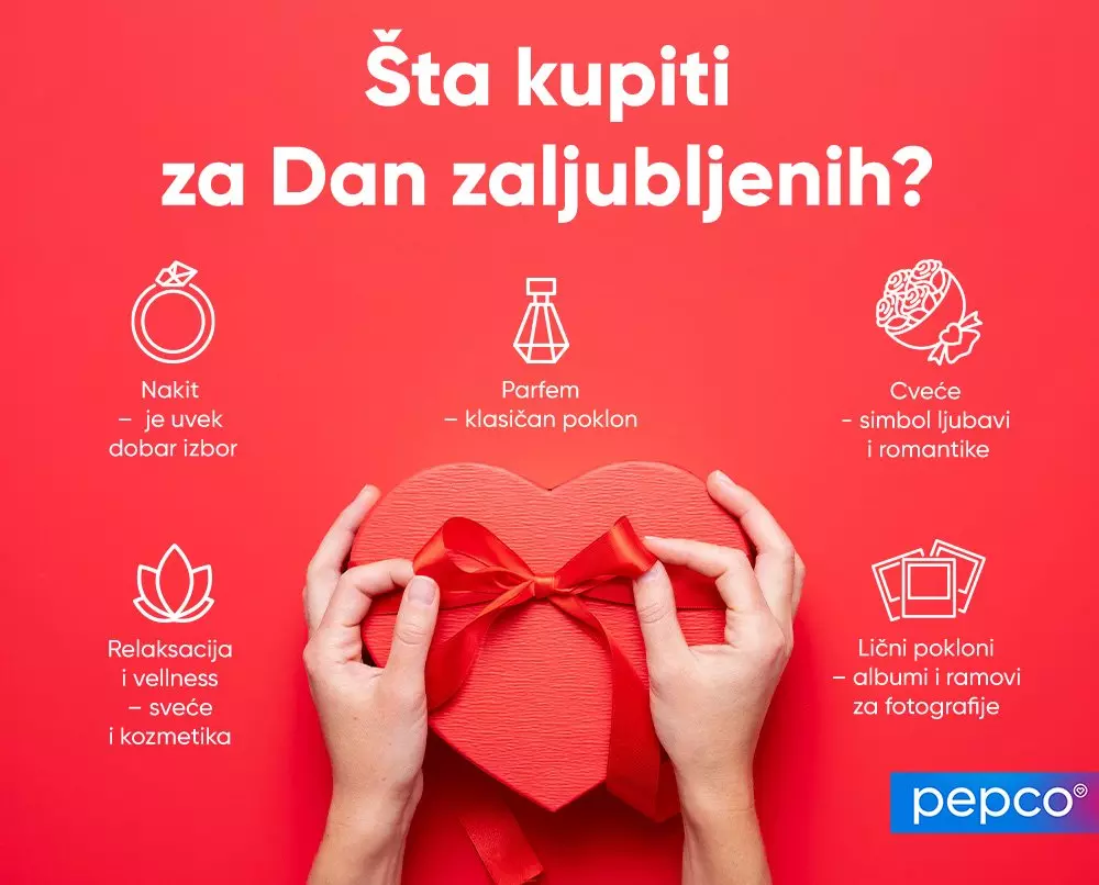 Pepco reklamna slika za Dan zaljubljenih sa predlozima poklona: nakit, parfemi, cveće, sveće i kozmetika, albumi za fotografije, uz srcoliku poklon kutiju.