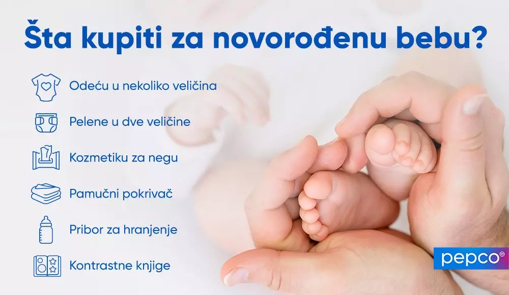 Pepco vodič za kupovinu za novorođenče sa listom neophodnih stvari i slikom bebine nožice u ruci odrasle osobe.