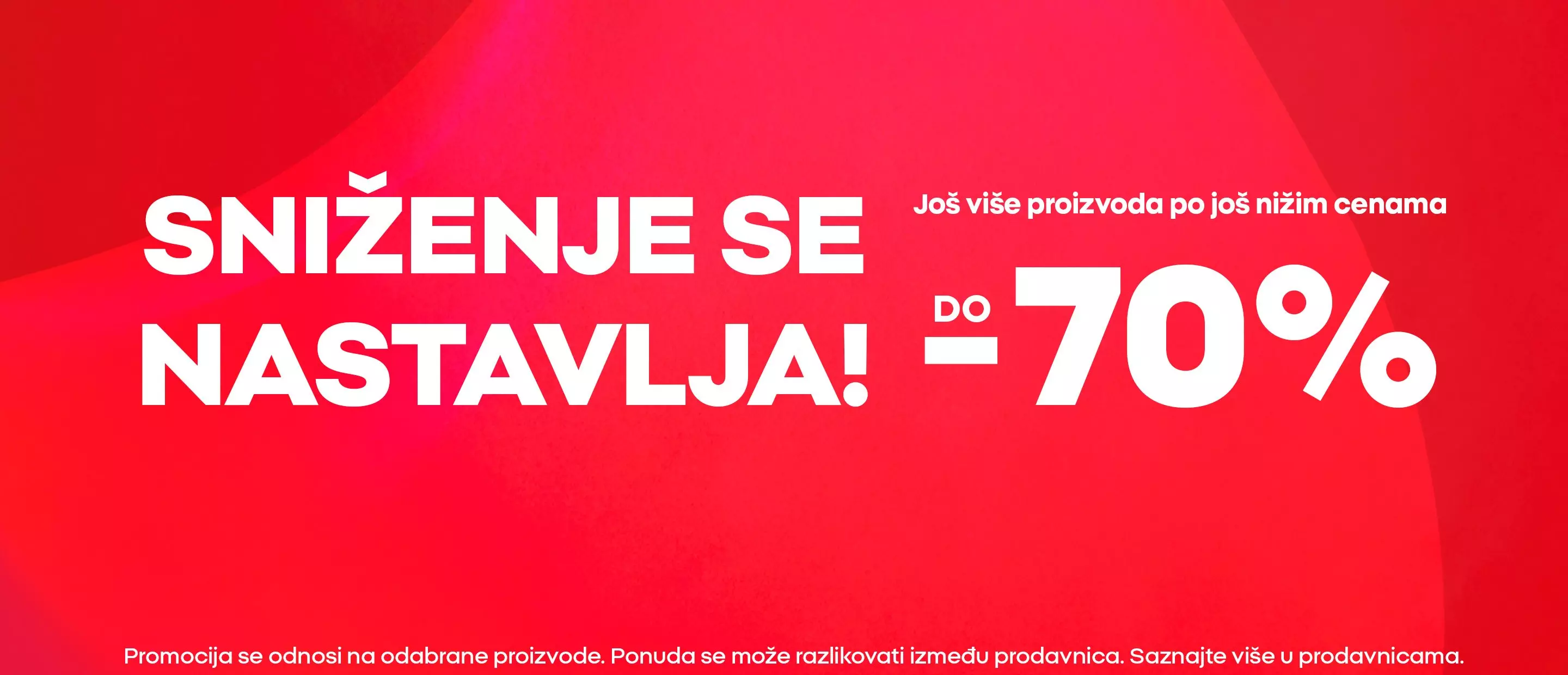 Pepco promotivni baner sa tekstom o sniženju do 70% na crvenom pozadinskom dizajnu.