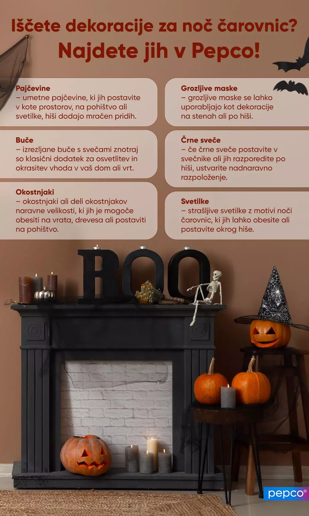 Pepco promocijska slika z navodili za Halloween dekoracijo in prikazom okrašenega kamina s bučami.