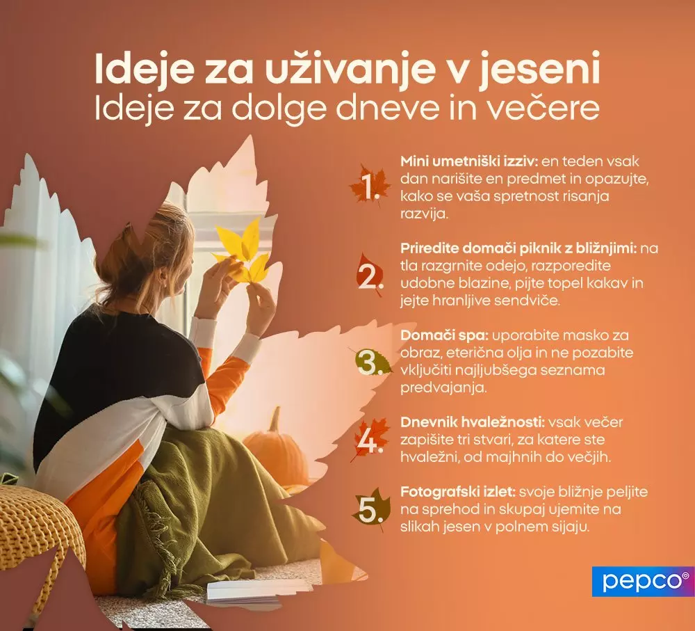 Ženska bere knjigo ob oknu z jesenskimi listi, ob infografiki z nasveti za uživanje v jeseni.