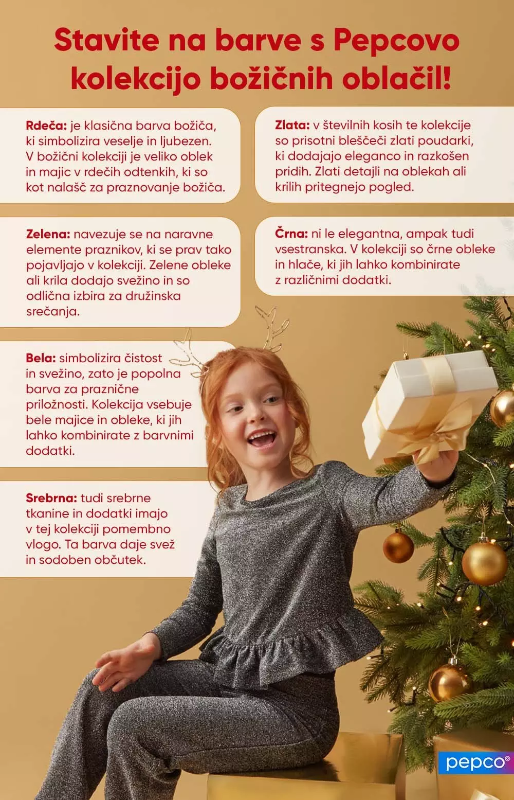 Deklica z božičnim rogom in darilom sedi ob okrašenem božičnem drevesu, Pepco infografika.