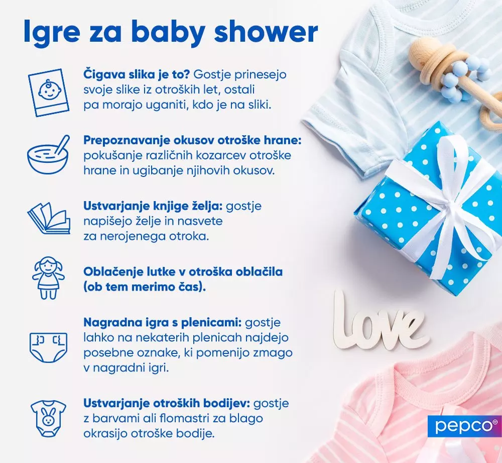Infografika z idejami za igre za baby shower ob otroških oblačilih in darilih.