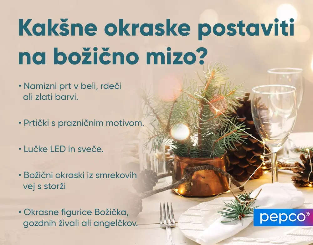 Praznična božična miza z okraski, svečami, kozarci in besedilom o okrasnih idejah za božično mizo.