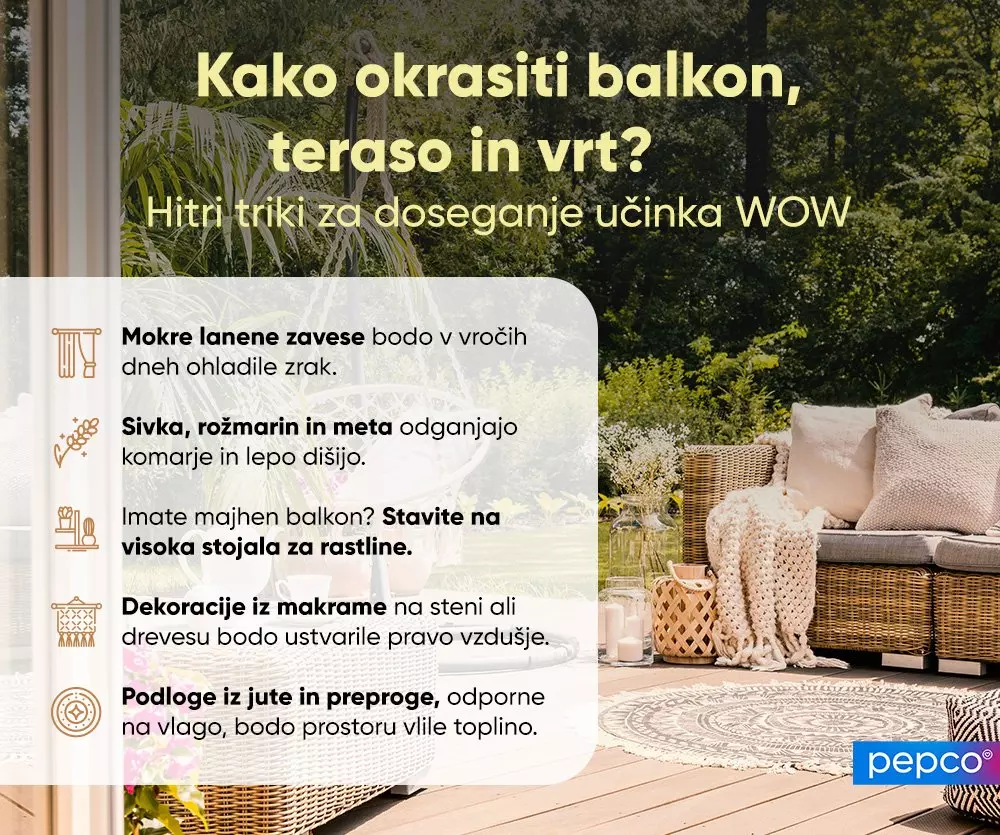 Zunanji vrtni prostor z ratnovo sedežno garnituro, blazinami, odejo in nasveti za okrasitev balkona.