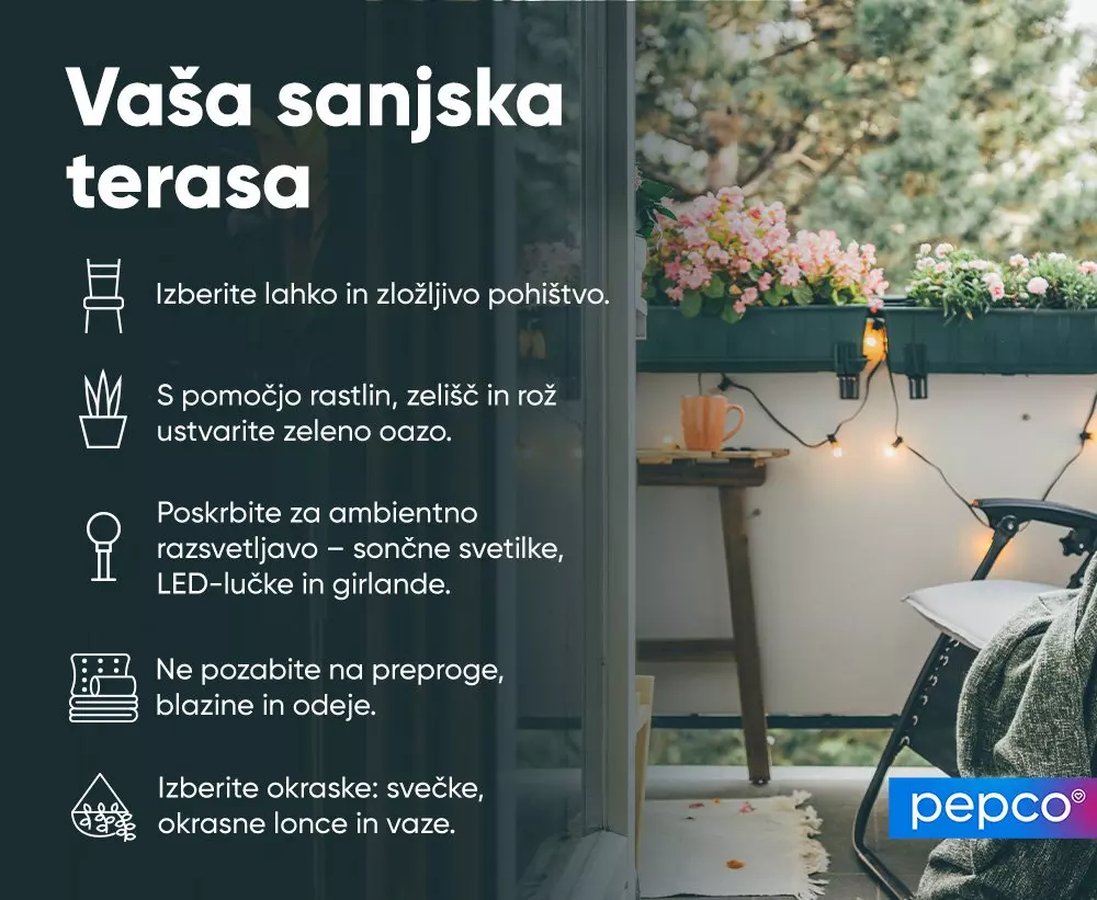 Urejena terasa s stolom, stolom, rožami v cvetličnih koritih, svetlobnimi girlandami in Pepco logotipom.