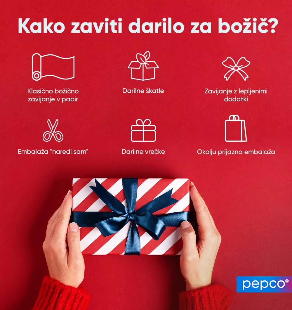 Roke držijo darilno škatlo z rdečo-belimi črtami in modro pentljo, prikazane možnosti zavijanja.