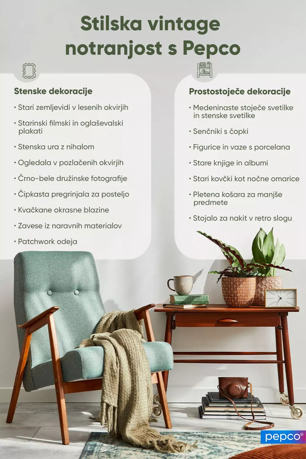 Pepco promocijska slika z modrim vintage naslonjačem, leseno mizico in besedilom o stenskih dekoracijah.