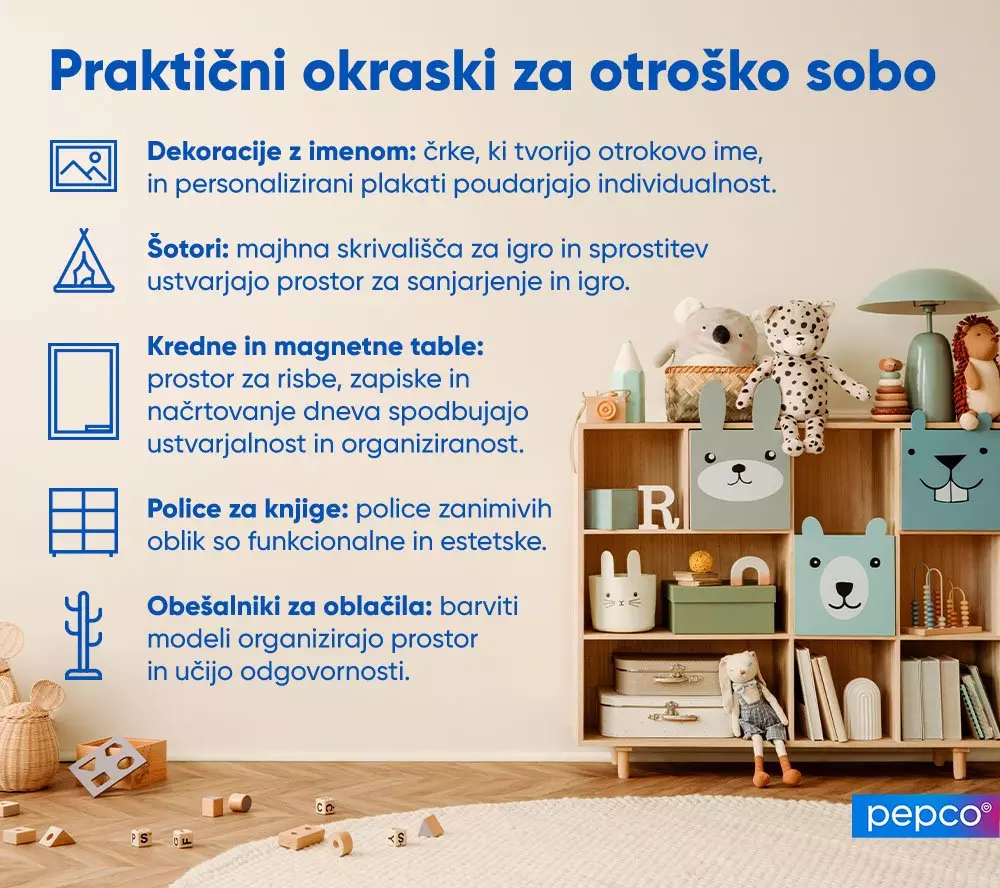 Infografika z naslovom "Praktični okraski za otroško sobo" prikazuje organizirano otroško sobo z igruškami.