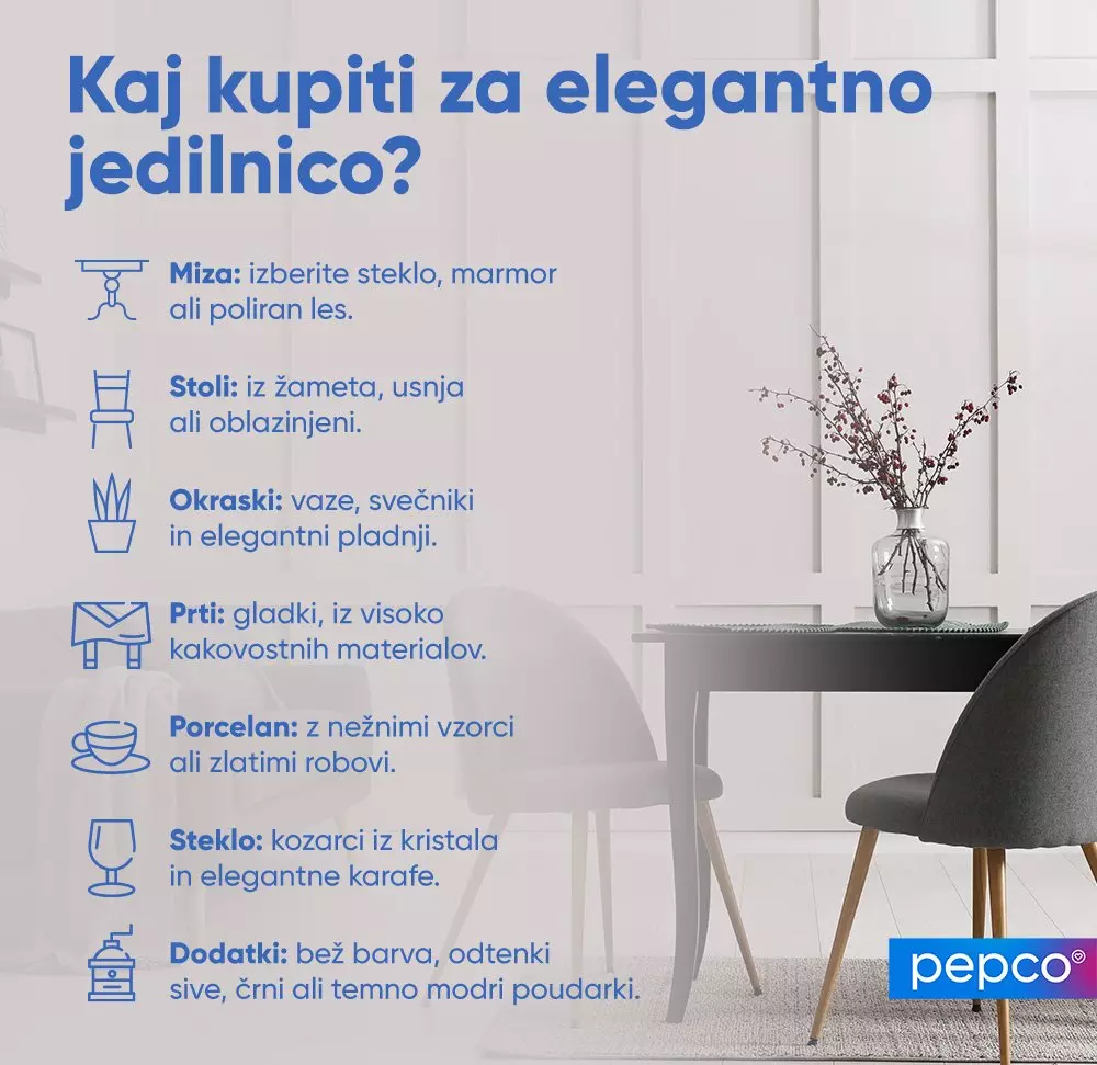 Infografika z nasvetom za elegantno jedilnico, prikazana v sodobni jedilnici z mizo in stoli.