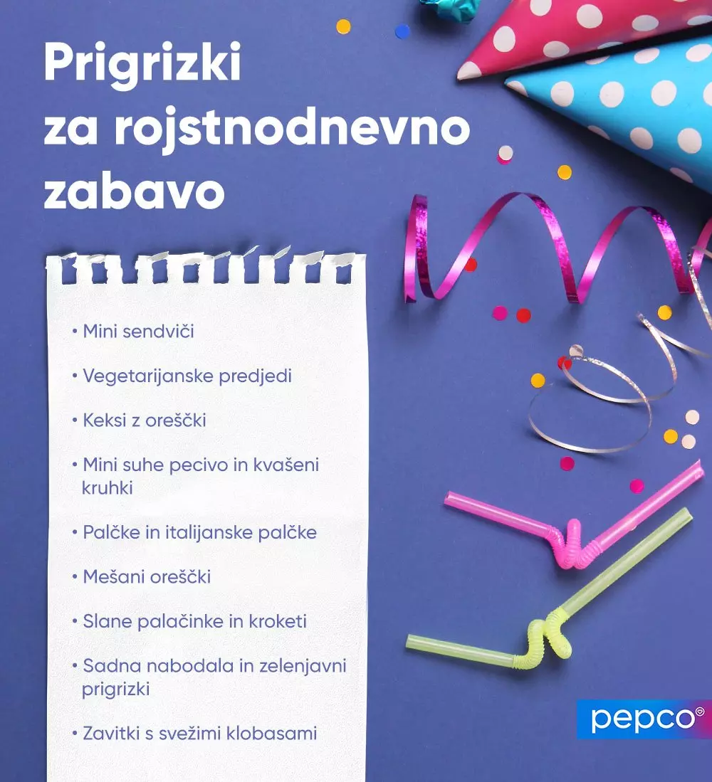 Zabavni rojstnodnevni pripomočki s pisanimi klobučki, trakovi in konfeti ter seznam pribora Pepco.