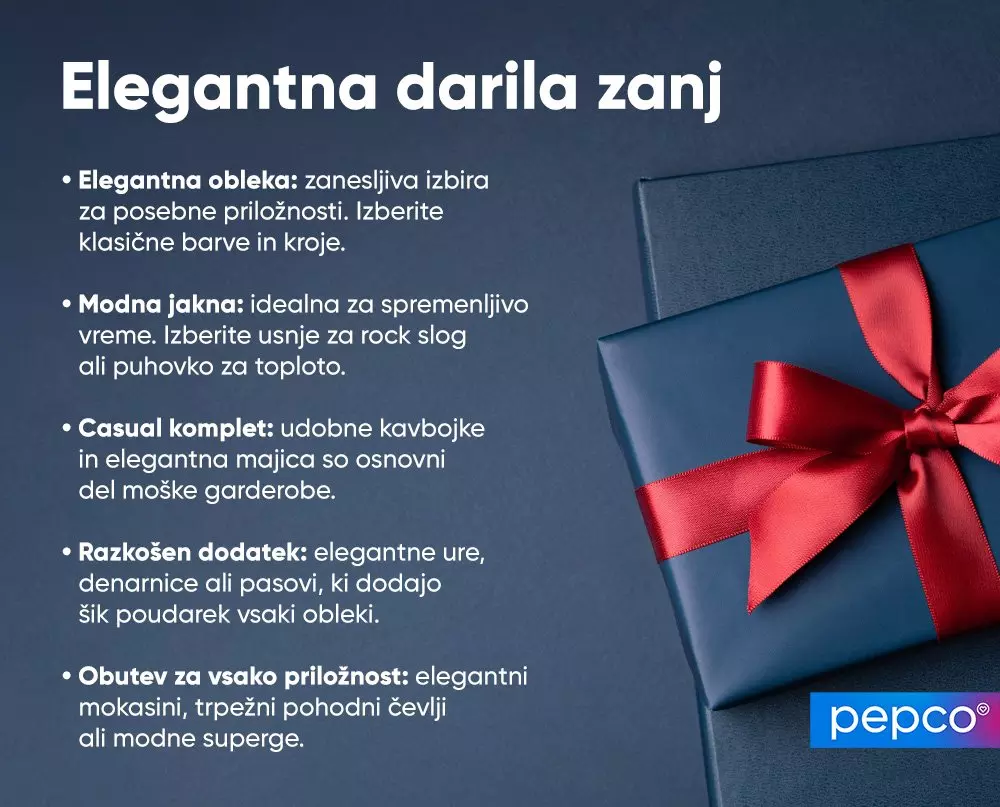 Temno modra darilna škatla z rdečim satenastim trakom in mašno, zraven besedilo o darilih zanj.