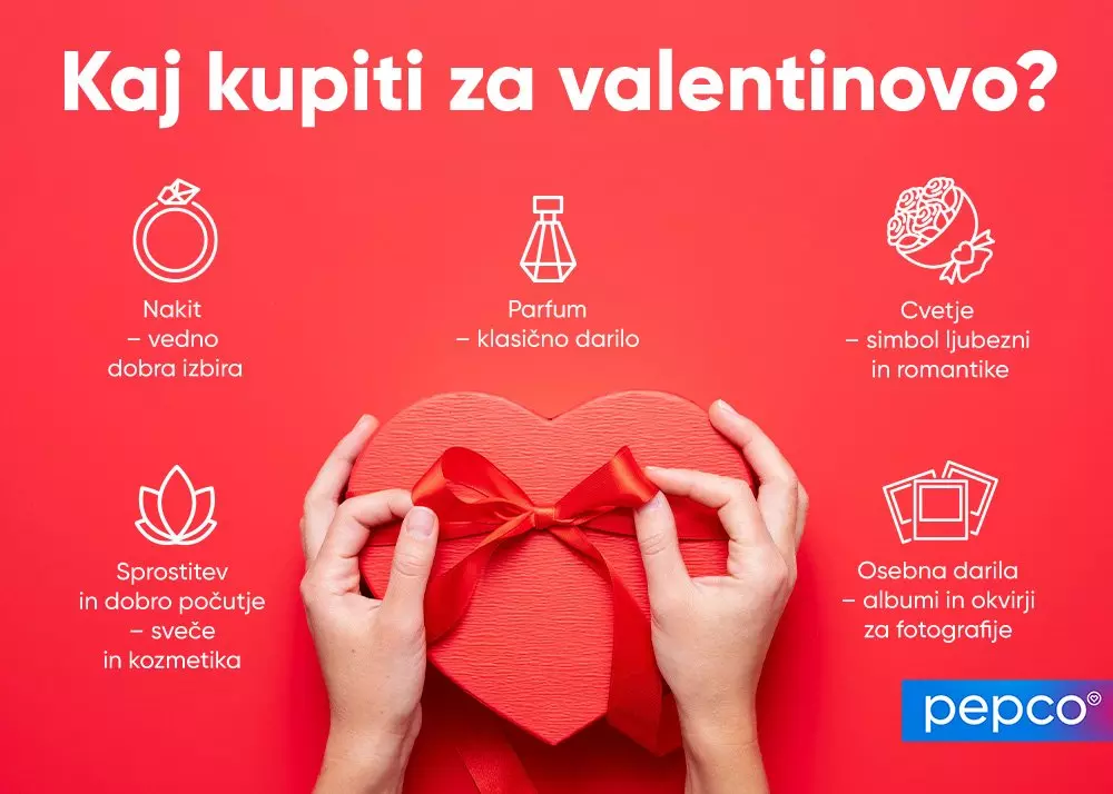 Roke držijo rdečo škatlo v obliki srca s pentljo, obkroženo z idejami za valentinovo darilo.