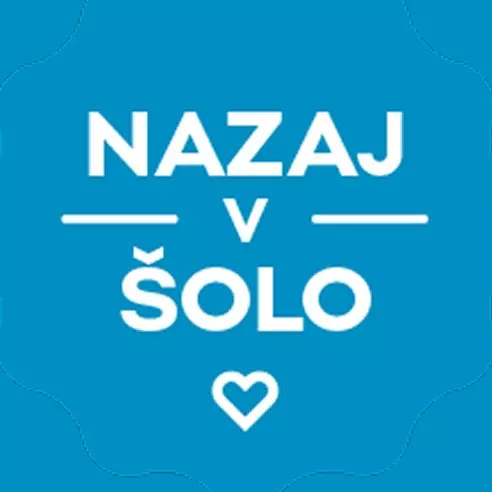 Pepco modra grafika z belim besedilom NAZAJ V ŠOLO in simbolom srca.