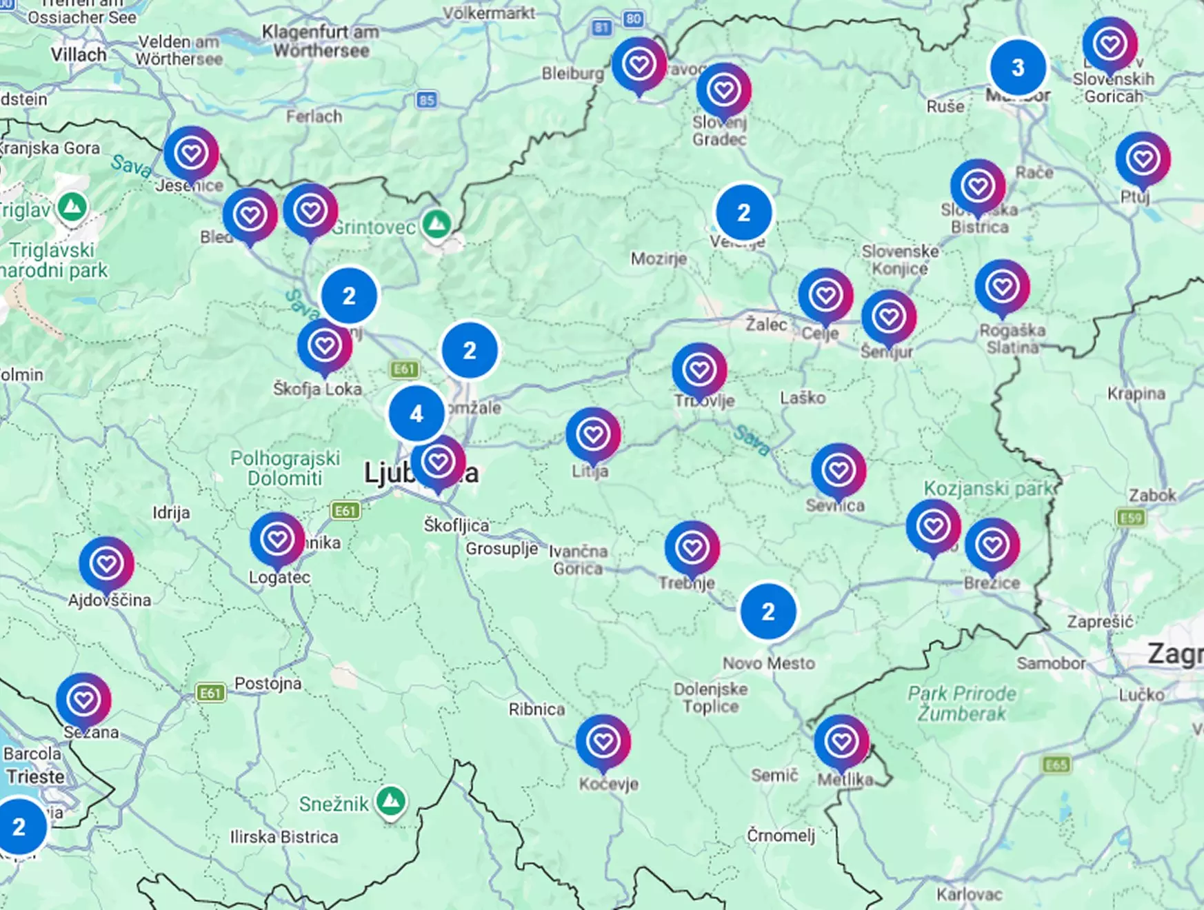 Zemljevid Pepco trgovin v Sloveniji z označenimi lokacijami in številom prodajaln.