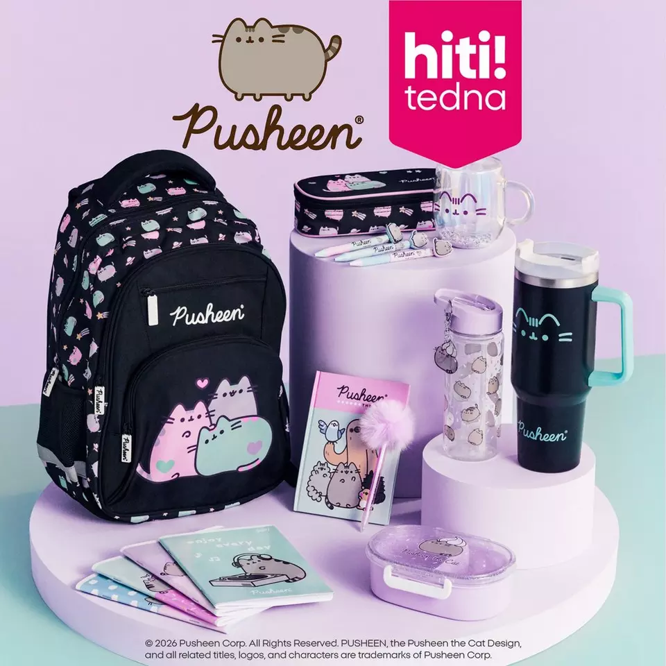 Pepco Pusheen šolska kolekcija z nahrbtnikom, penalov, steklenicami in zvezki.