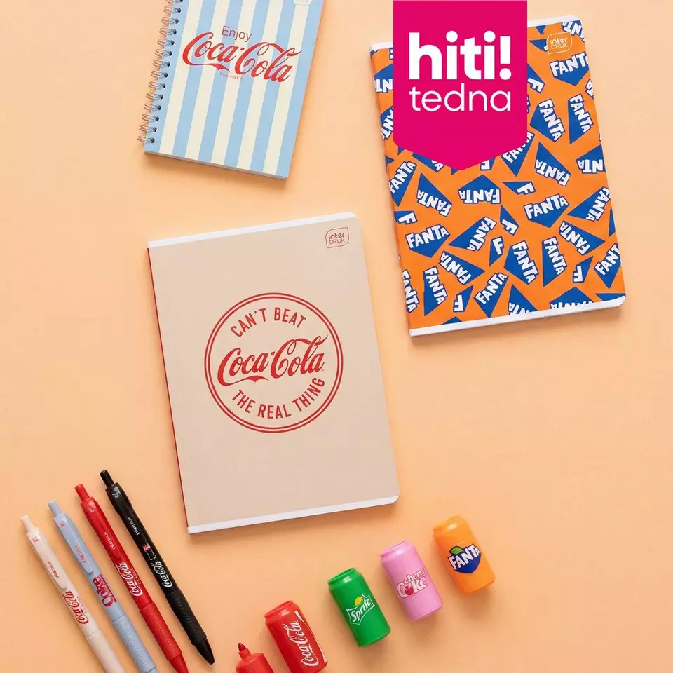 Pepco šolski zvezki in kemični svinčniki z Coca-Cola in Fanta dizajnom ter radirke v obliki pločevink.