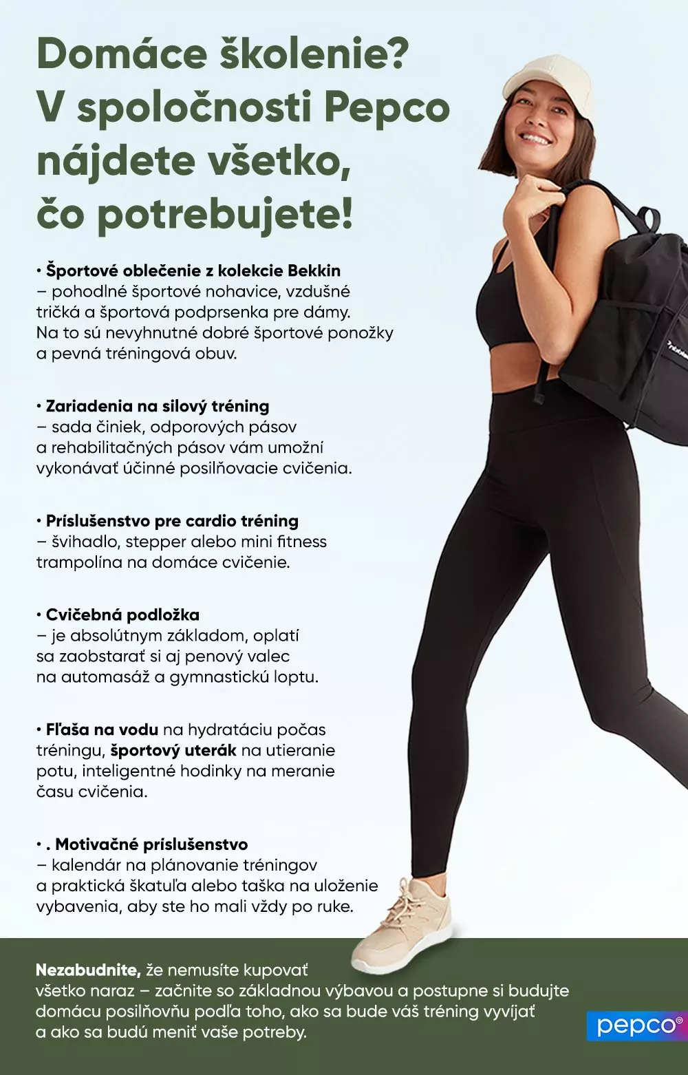 Žena v čiernom športovom oblečení s batohom, propagujúca domáce fitness vybavenie dostupné v spoločnosti Pepco.