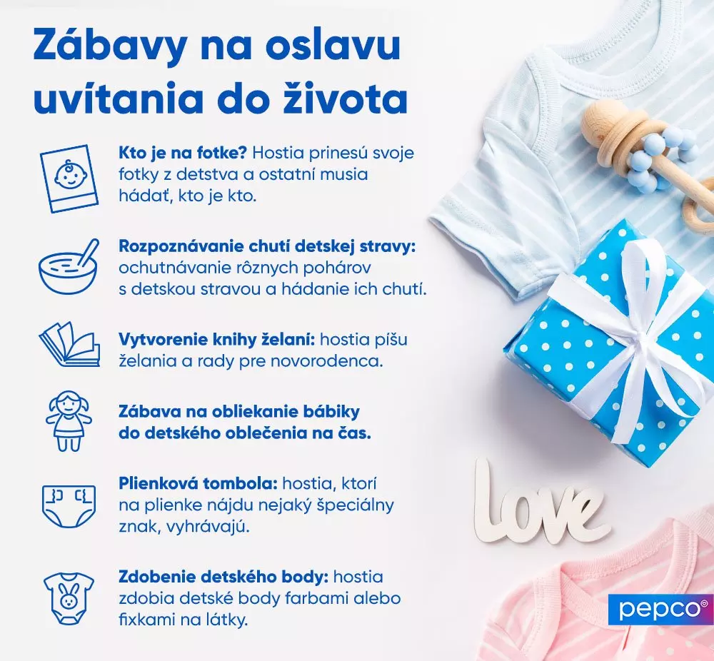 Zoznam zábavných aktivít na baby shower s detským oblečením, hračkou, darčekom a dekoráciou "love".