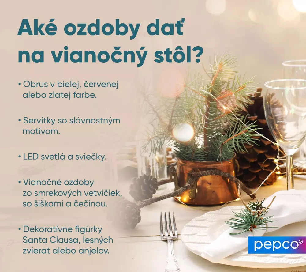 Vianočný stôl s dekoráciami, textom o ozdobách a tipoch na prestieranie s logom Pepco.