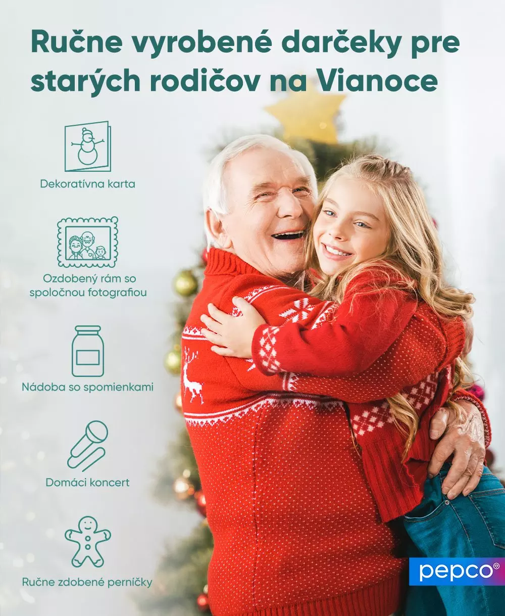 Reklamný plagát Pepco zobrazujúci vianočné darčekové nápady pre starších rodičov s ikonami rôznych ručne vyrobených darčekov.