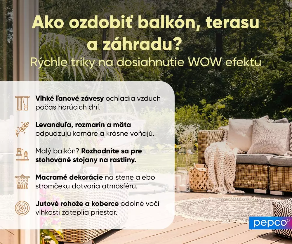Útulná terasa s ratanovým nábytkom, vankúšmi a kobercom, s tipmi na skrášlenie balkóna a záhrady.