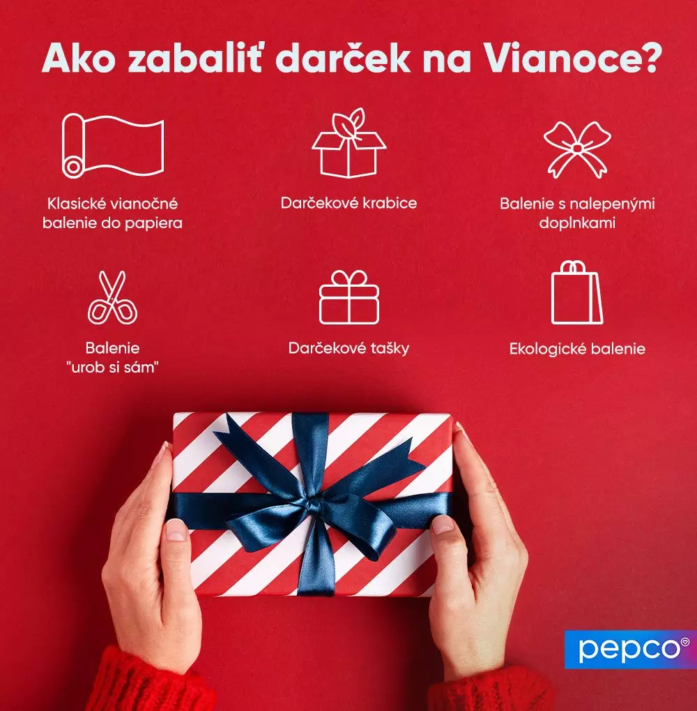 Infografika od Pepco s tipmi na balenie vianočných darčekov a rukami držiacimi darček zabalený v červeno-bielom papieri s modrou mašľou.