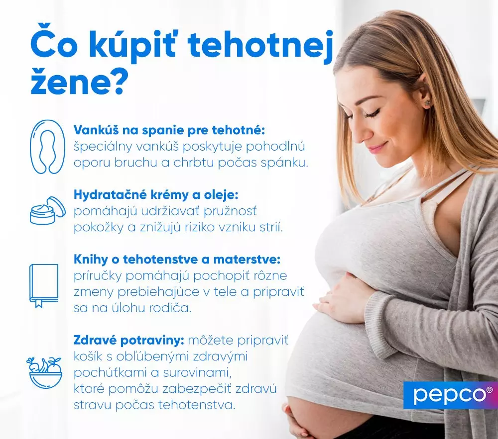 Tehotná žena hladí svoje bruško, s informáciami o vhodných darčekoch ako vankúš na spanie, hydratačné krémy, knihy a zdravé potraviny od Pepco.
