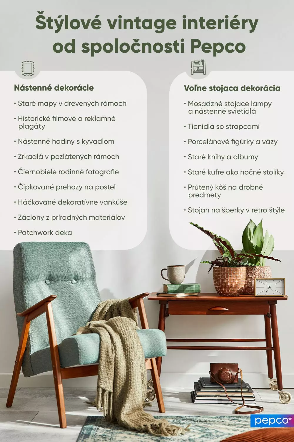 Vintage interiér s mentolovo zeleným kreslom, dreveným stolíkom s rastlinami a hodinami, a zoznamom dekoračných prvkov od spoločnosti Pepco.