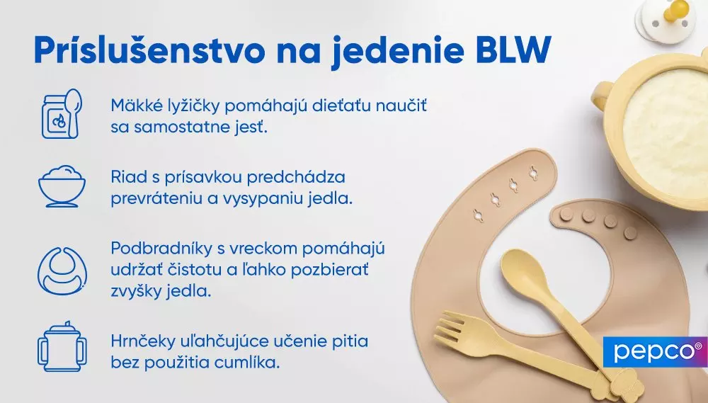 Detské stravovacie príslušenstvo BLW s miskou, podbradníkom a dreveným príborom pre samostatné jedenie dieťaťa.