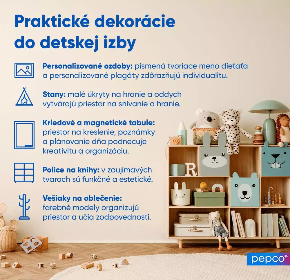 Detská polička so zvieracími úložnými boxmi, hračkami a knihami, s informáciami o praktických dekoráciách do detskej izby.