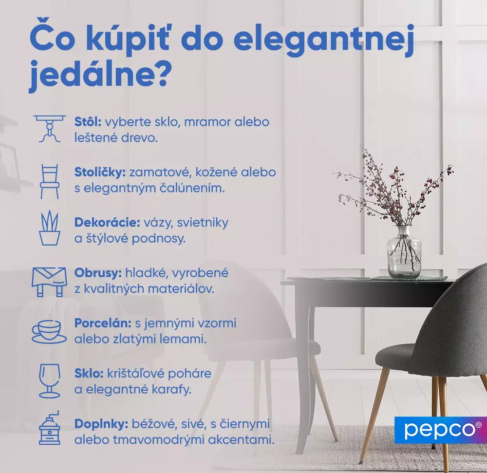 Infografika od Pepco s tipmi na zariadenie elegantnej jedálne vrátane nábytku, dekorácií a doplnkov.
