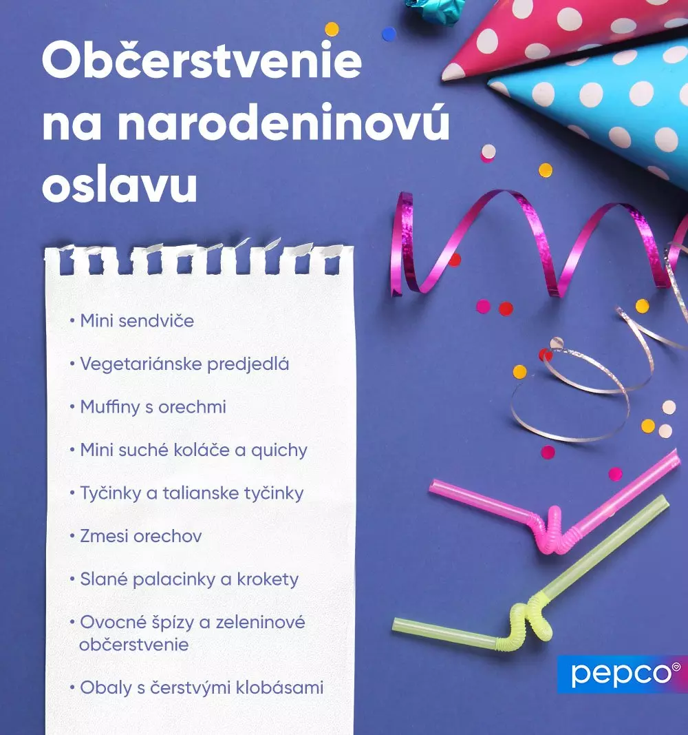 Narodeninový menu leták od Pepco s občerstvením a párty dekoráciami na modrom pozadí.