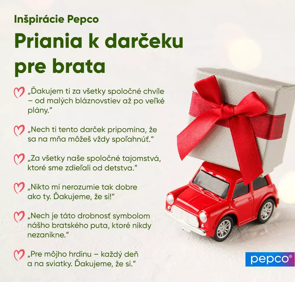 Červené autíčko nesúce darčekovú krabičku s červenou mašľou a nápisy s inšpiráciami pre darček bratovi od Pepco.