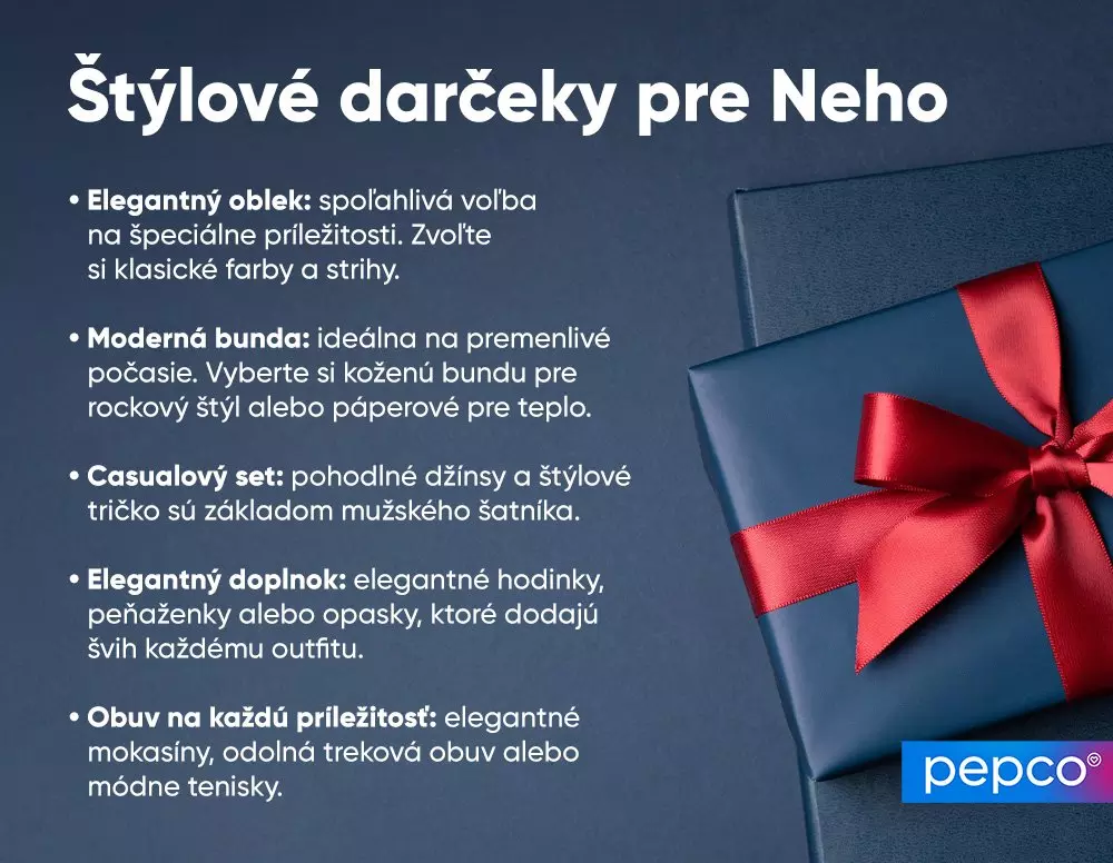 Modrý darčekový balíček s červenou stuhou a zoznam štýlových darčekov pre mužov od značky Pepco.