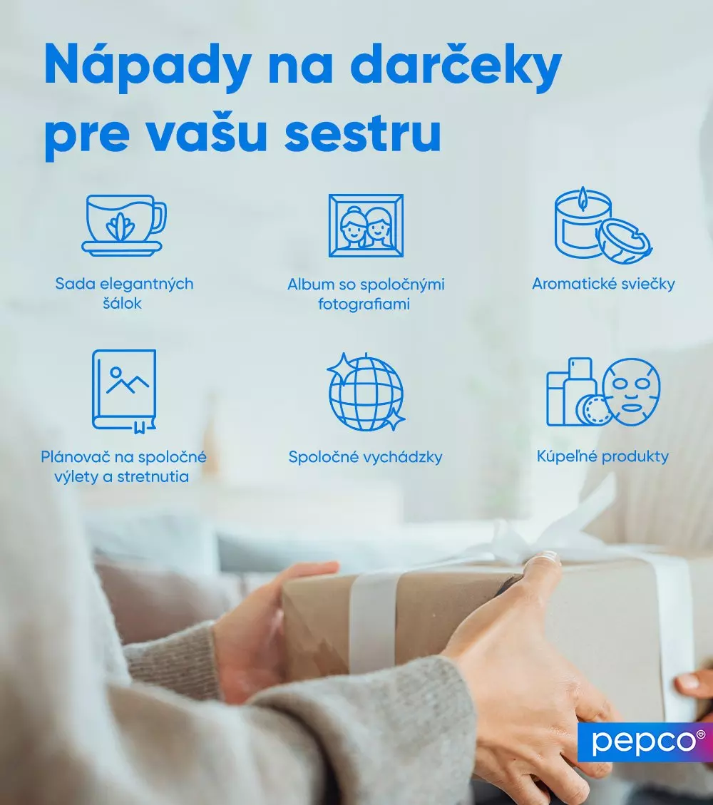 Infografika Pepco s tipmi na darčeky pre sestru vrátane šálok, fotografie, sviečok a kozmetiky, s rukami držiacimi darček.