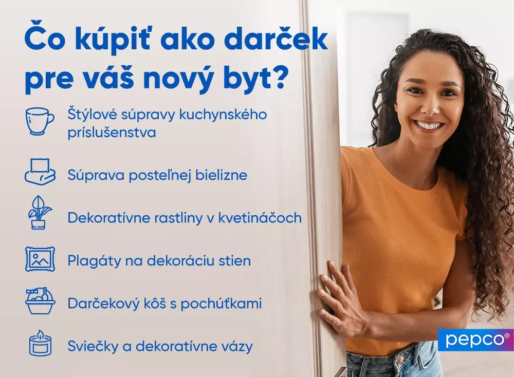 Reklamný obrázok Pepco s tipmi na darčeky pre nový byt vrátane kuchynského príslušenstva a dekorácií.