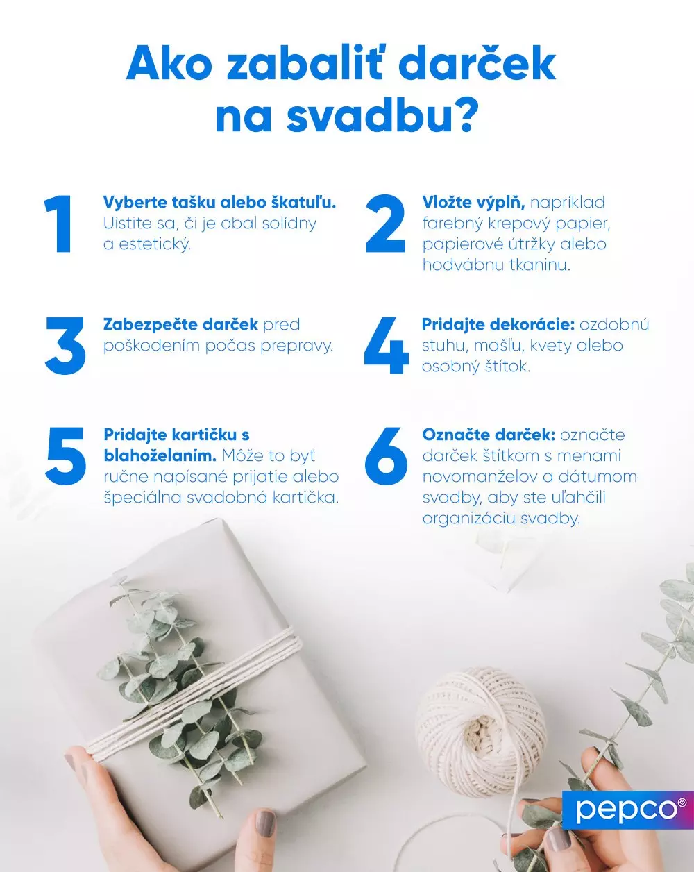 Infografika so šiestimi krokmi ako zabaliť svadobný darček, zobrazujúca zabalený darček s eukalyptom a špagátom.