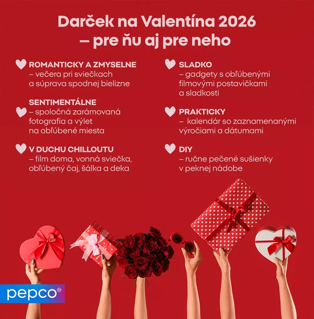 Reklamný plagát Pepco s nápadmi na valentínske darčeky 2026, zobrazujúci ruky držiace kvetiny, darčekové krabičky a srdiečka.